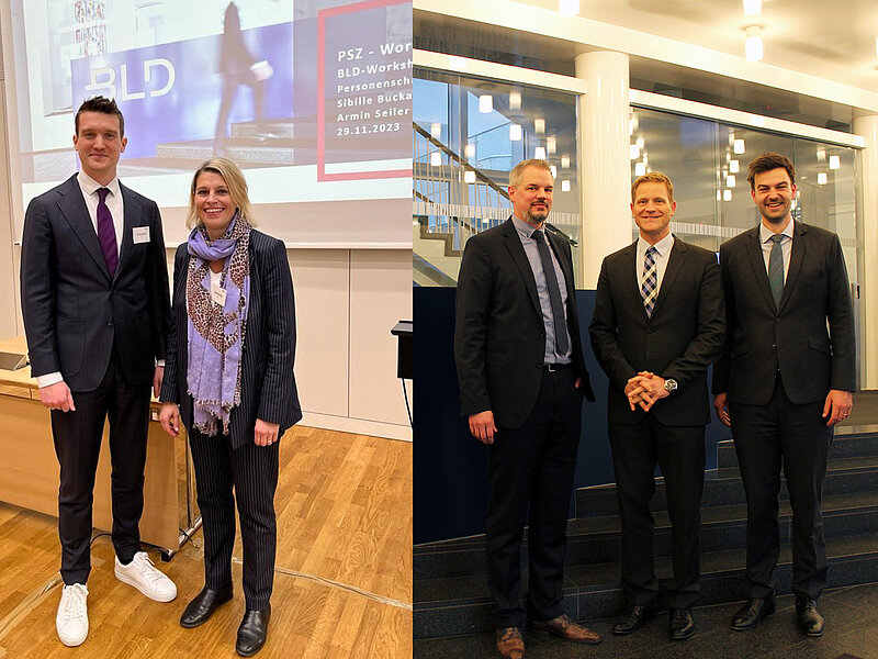 Es sind zwei Gruppenfotos von den referierenden BLD Anwälten auf dem BLD-Workshop Personenschaden. Eins ist mit zwei Anwälten und das andere mit drei Anwälten.