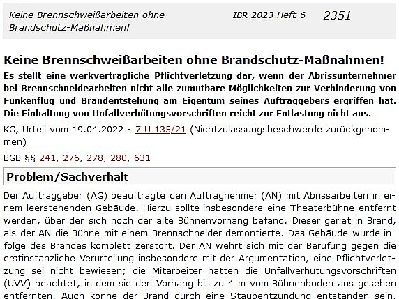 Auf dem Bild ist ein Auschnitt der Publikation von BLD-Counsel Klaus Bröcher zu dem Thema Anscheinsbeweis bei Abrissarbeiten dargestellt.