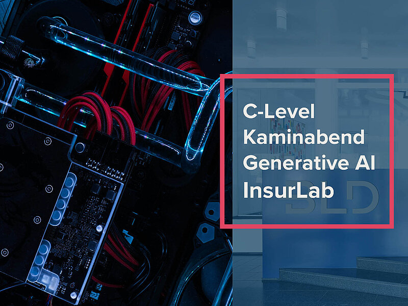 Auf der Grafik sind auf der rechten Seite die Themen der Veranstaltung niedergeshrieben, diese wären C-Level, Kaminabend, Generative AI und InsurLab. Auf der linken Seite ist ein Foto mit vielen Kabel abgebildet.